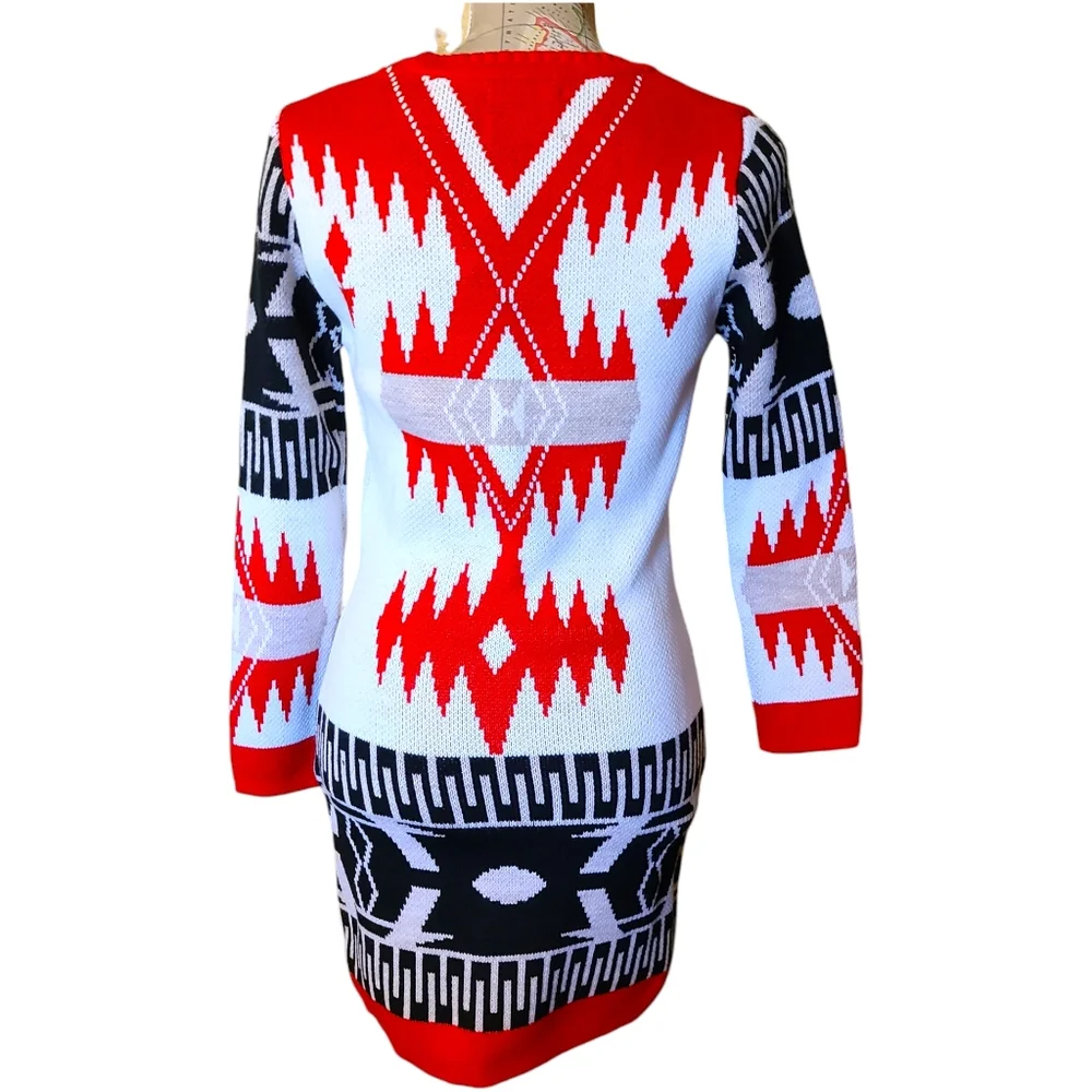 NWT One in a Million Size Small Red White Nordic Long Sleeve Sweater Mini Dress